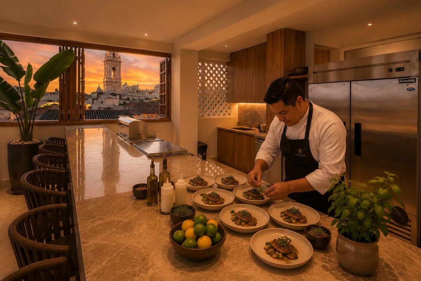 Chef privado emplatando un platillo en Casa Maya Cartagena