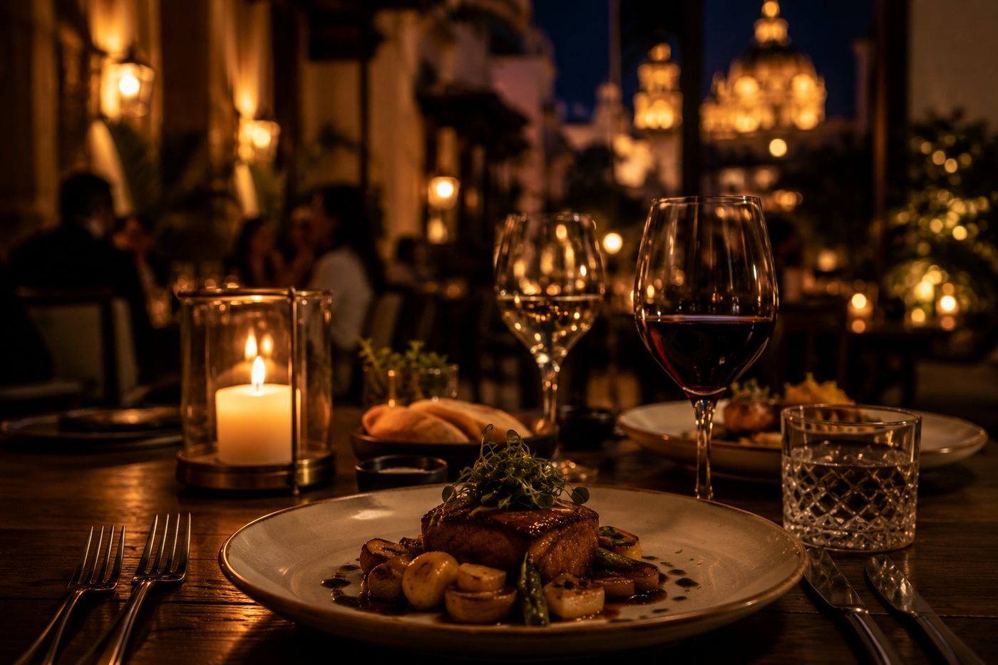 Jantar no terraço com vista para a Cidade Antiga iluminada de Cartagena