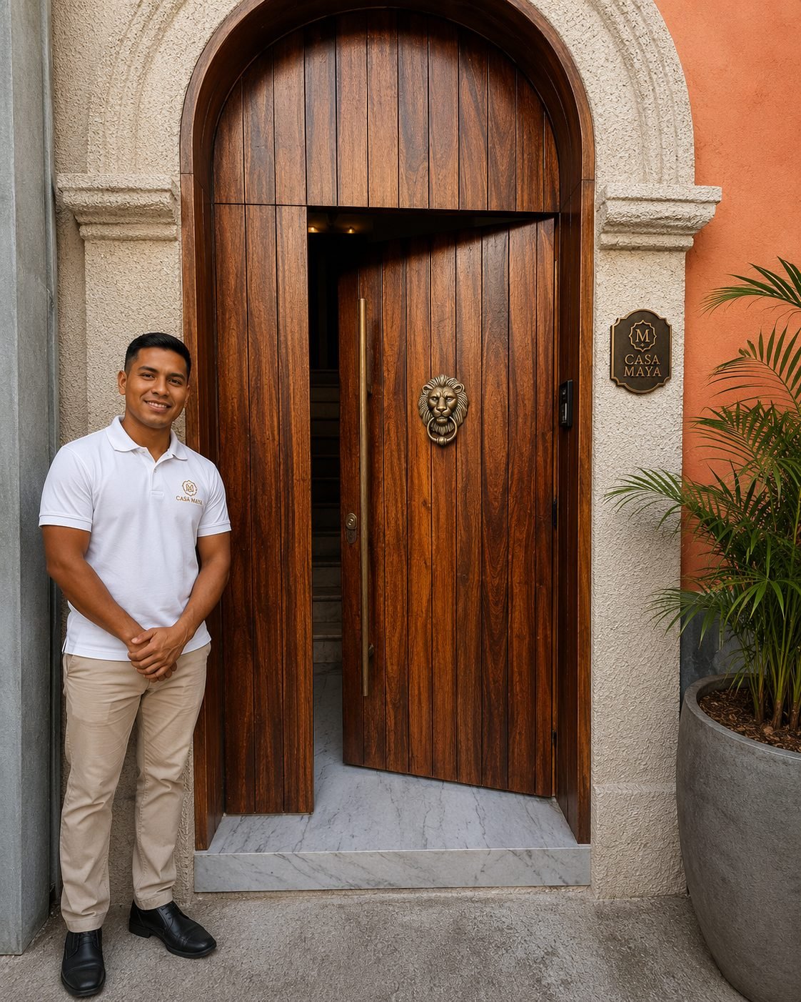 Personal en sitio recibiendo huéspedes en la entrada de Casa Maya Cartagena