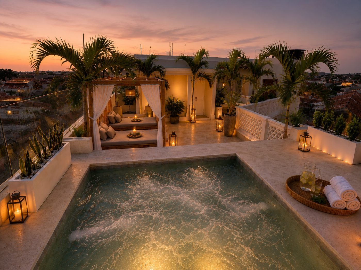 Nivel del jacuzzi y zona de descanso en la azotea de Casa Maya Cartagena