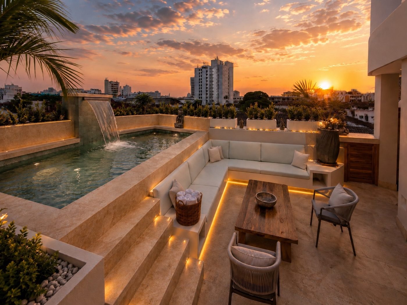 Zona de descanso junto a la piscina en la azotea de Casa Maya Cartagena