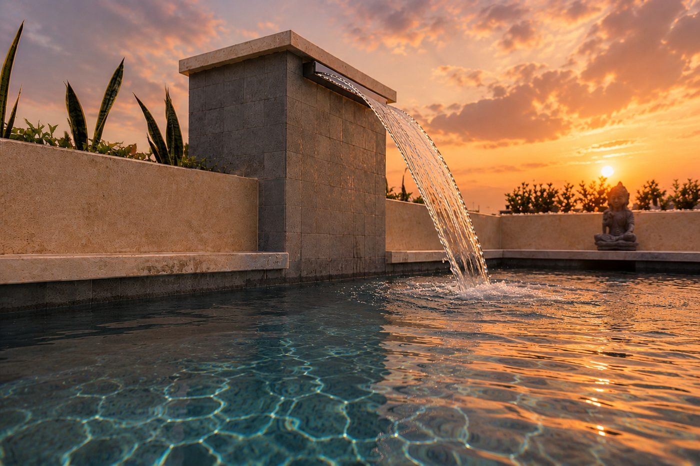 Piscina en la azotea al atardecer en Casa Maya Cartagena