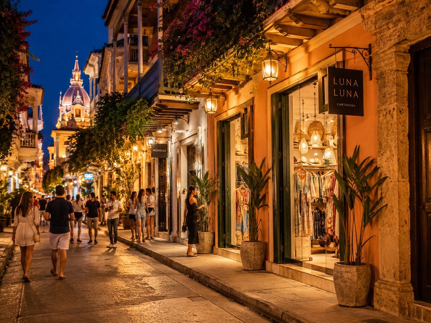 Rua de compras fácil de percorrer a pé no Centro Histórico de Cartagena à noite